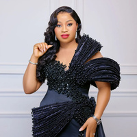 Black Prom Dresses For Special Occasions Formal Gowns Beaded Pearls Side Split Appliqued Lace Birthday Dress Second - Thumbnail 1