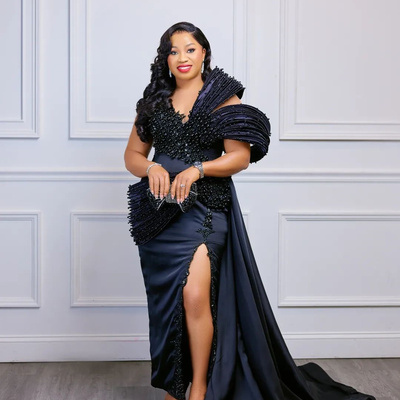 Black prom dresses for special occasions formal gowns beaded pearls side split appliqued lace birthday dress second