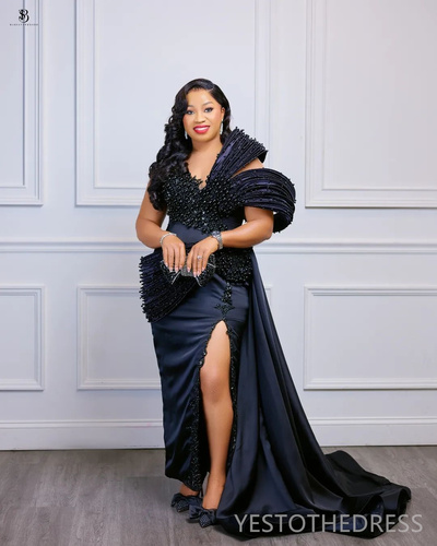 Black Prom Dresses For Special Occasions Formal Gowns Beaded Pearls Side Split Appliqued Lace Birthday Dress Second