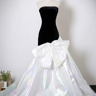 Mermaid black velvet and white colorful satin party dress prom dress - Thumbnail 1
