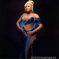 Navy Prom Dress Evening Dresses Mermaid Illusion Formal Gown Sheer Neck Side Split Beaded Birthday Dress Second Reception Gowns - Thumbnail 1