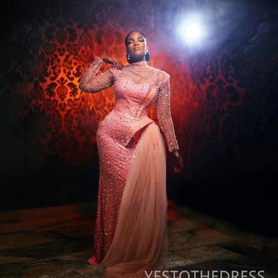 Watermelon muslim prom dress mermaid promdress high neck evening formal gowns long sleeves beaded sequined lace birthday dress 