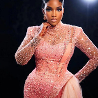 Watermelon Muslim Prom Dress Mermaid Promdress High Neck Evening Formal Gowns Long Sleeves Beaded Sequined Lace Birthday Dress  - Thumbnail 1