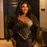 Prom Dresses Black Mermaid Promdress Illusion Evening Formal Gown Sheer Neck Long Sleeves Beaded Lace Rhinestone - Thumbnail 1