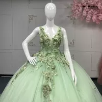 Sage Green Quinceanera Dress Strapless v neck Appliques Sweet 16 Dress - Thumbnail 2