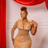 Prom Dresses Gold Mermaid Promdress Illusion Evening Formal Gown Sheer Neck Long Sleeves Beaded Lace Birthday Second Reception - Thumbnail 1