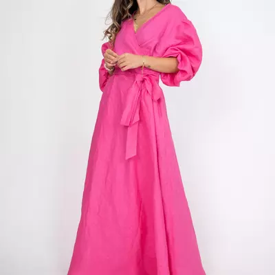 Hot pink wrap maxi dress , puff sleeve belted v-neck summer dress 