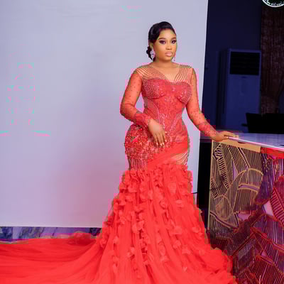 Red prom dress mermaid promdress illusion sheer neck long sleeves beaded rhinestones flora tiered tulle birthday gown second