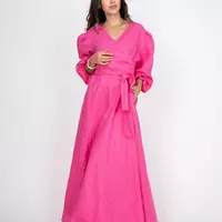 Hot Pink Wrap Maxi Dress , Puff Sleeve Belted V-Neck Summer Dress  - Thumbnail 1