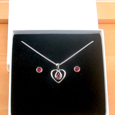  boxed gift set/sterling silver ruby(lab created) necklace & earrings/ruby stud earrings/ruby heart necklace/july birthstone/ruby jewellery