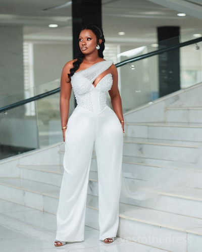 One-Piece White Jumpsuits Prom Dresses for Black Women One Shoulder Pearls Decorated Sexy Birthday Party Dress Second Reception