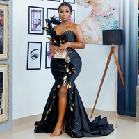 African Nigeria Plus Size Prom Dresses for Black Women Illusion Mermaid Evening Dresses Feather Formal Gowns for Special Occasions High Split - Thumbnail 2