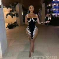 Black Sexy Cocktail Dresses for Women Short Prom Dresses Spaghetti Straps Illusion Rhinestones Decorated Birthday Party Dress - Thumbnail 1