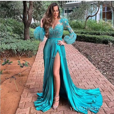 Hunter evening dresses elegant illusion long sleeves prom dresses for special occasions appliqued beaded lace sexy split pleats birthday dinner