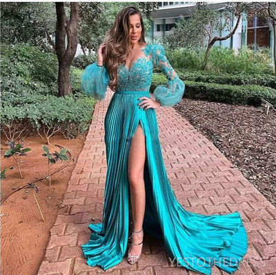 Hunter Evening Dresses Elegant Illusion Long Sleeves Prom Dresses for Special Occasions Appliqued Beaded Lace Sexy Split Pleats Birthday Dinner