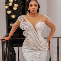 Prom Dresses for Special Occasions Ivory Elegant Promdress Long Sleeves Mermaid Beaded Lace Pearls Rhinestones Decorated Birthday - Thumbnail 1