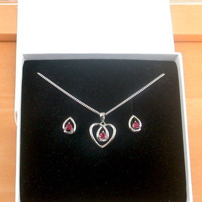 Boxed gift set/sterling silver ruby(lab created) necklace & earrings/ruby stud earrings/ruby heart necklace/july birthstone/ruby jewellery