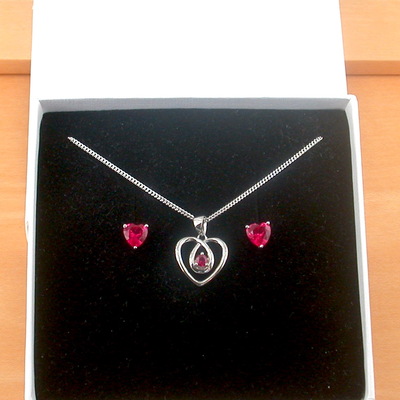 Boxed gift set/sterling silver ruby(lab created) necklace & earrings/ruby heart earrings/ruby heart necklace/july birthstone/ruby jewellery