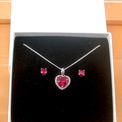 Boxed gift set/sterling silver ruby(lab created) necklace & earrings/ruby stud earrings/ruby heart necklace/july birthstone/ruby jewellery