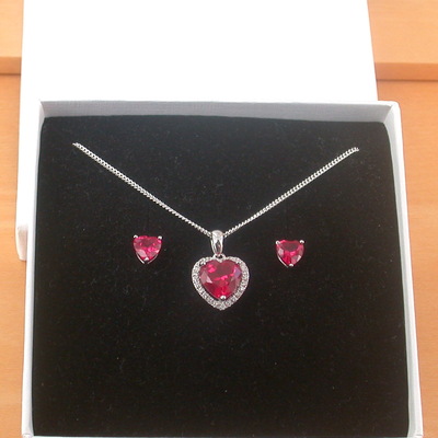 Boxed gift set/sterling silver ruby(lab created) necklace & earrings/ruby stud earrings/ruby heart necklace/july birthstone/ruby jewellery