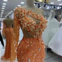 Orange Prom Dress Mermaid Illusion Evening Dresses Elegant One Shoulder Long Sleeves Beaded Lace Crystals Beading Rhinestones - Thumbnail 1