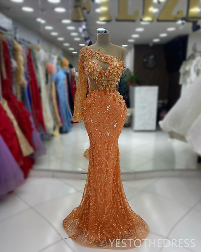 Orange Prom Dress Mermaid Illusion Evening Dresses Elegant One Shoulder Long Sleeves Beaded Lace Crystals Beading Rhinestones