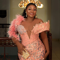 Orange Prom Dress Mermaid Illusion Evening Dresses Elegant One Shoulder Long Sleeves Beaded Lace Crystals Beading Rhinestones - Thumbnail 4