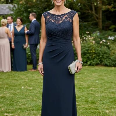 Navy blue sheath lace mother of bride/groom dress evening formal gown