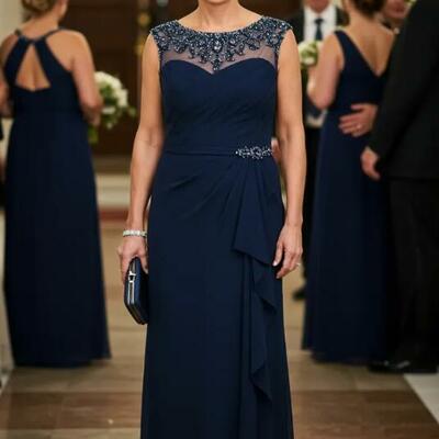 Navy blue sheath chiffon beading crystals mother of bride/groom dress evening formal gown