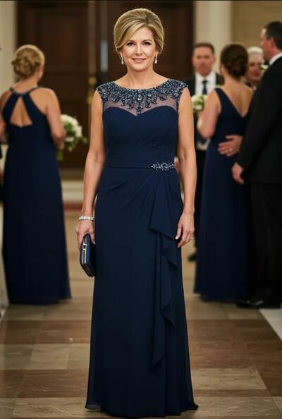Navy Blue Sheath Chiffon Beading Crystals Mother of Bride/Groom Dress Evening Formal Gown