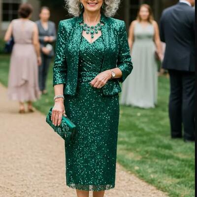 Green sheath sequins lace tea-length with jacket mother of bride/groom dress evening formal gown