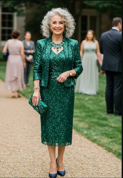 Green Sheath Sequins Lace Tea-length with Jacket Mother of Bride/Groom Dress Evening Formal Gown