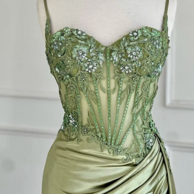  mermaid spaghetti straps sage corset prom dress with appliques ,1933