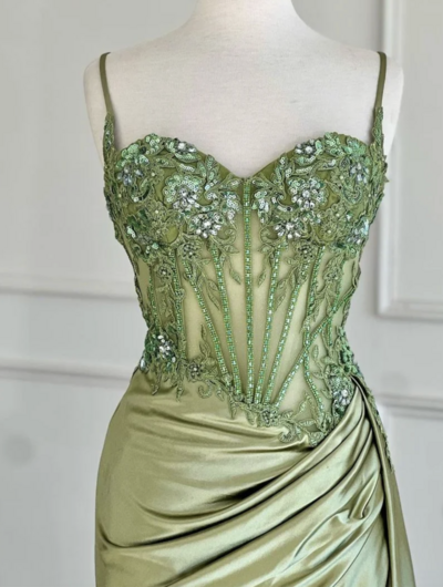  Mermaid Spaghetti Straps Sage Corset Prom Dress with Appliques ,1933