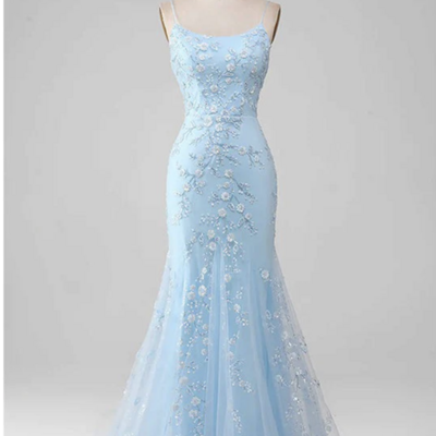 Floral blue mermaid spaghetti straps maxi long party prom dresses,evening dress，1934
