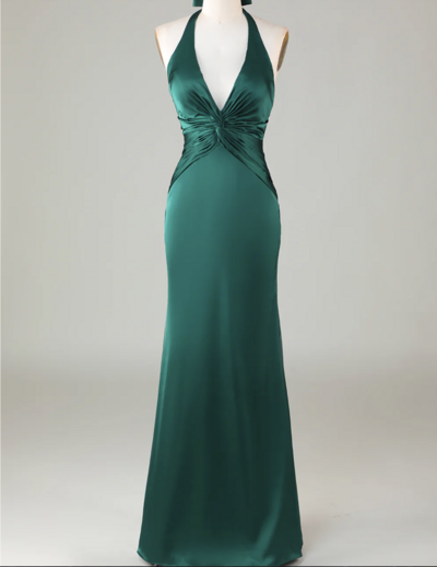 Mermaid Halter Dark Green Bridesmaid Dress,1936