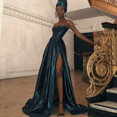 Spaghetti straps long dark green prom dresses, satin a-line evening prom dress,1131