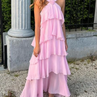 Halter Pink A-line Tiered Backless Evening Dresses - Thumbnail 1