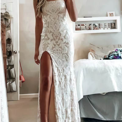 Simple white prom dress, modest slit evening dresses, lace wedding gown,1132