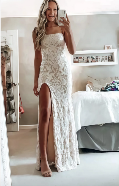 Simple white prom dress, modest slit evening dresses, lace wedding gown,1132