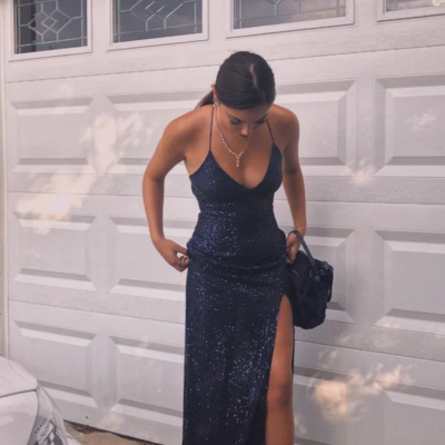 Spaghetti straps navy blue sequins v-neck long prom dresses 