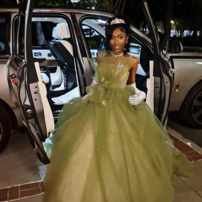 Elegant spaghetti straps green tulle a-line long prom dresses - Thumbnail 1