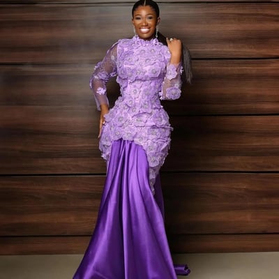 Lavender prom dresses for special occasions mermaid long sleeves 3d flowers beaded crystals lace birthday dress second reception