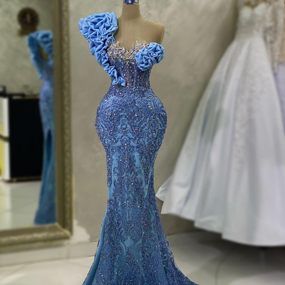 Blue plus size prom dresses for special occasions promdress one shoulder beaded lace rhinestone decorated birthday party dress second dress
