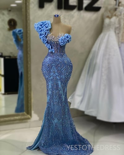 Blue Plus Size Prom Dresses for Special Occasions Promdress One Shoulder Beaded Lace Rhinestone Decorated Birthday Party Dress Second Dress