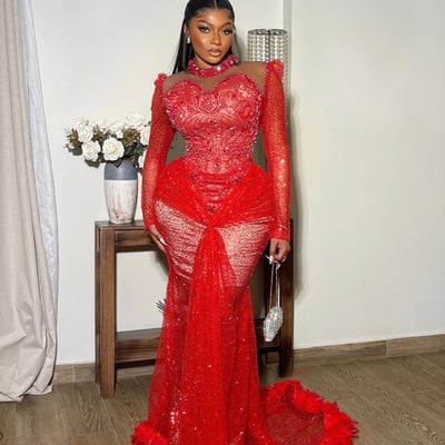 Prom dresses illusion long sleeves promdress high neck feathered mermaid sequined lace beaded lace birthday dress second dress