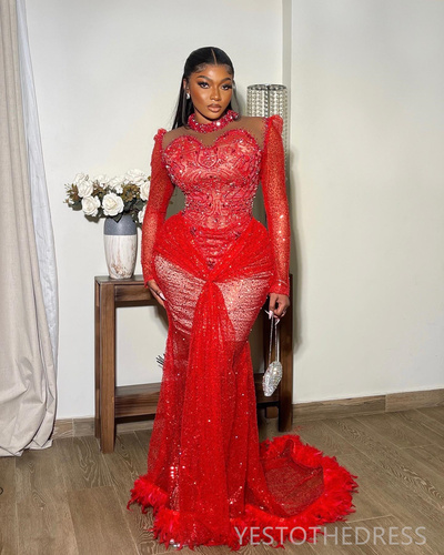 Prom Dresses Illusion Long Sleeves Promdress High Neck Feathered Mermaid Sequined Lace Beaded Lace Birthday Dress Second Dress