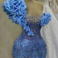 Blue Plus Size Prom Dresses for Special Occasions Promdress One Shoulder Beaded Lace Rhinestone Decorated Birthday Party Dress Second Dress - Thumbnail 1