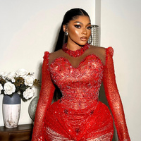 Prom Dresses Illusion Long Sleeves Promdress High Neck Feathered Mermaid Sequined Lace Beaded Lace Birthday Dress Second Dress - Thumbnail 1