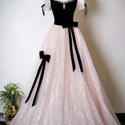 Black velvet and pink tulle long a-line prom party dress - Thumbnail 1